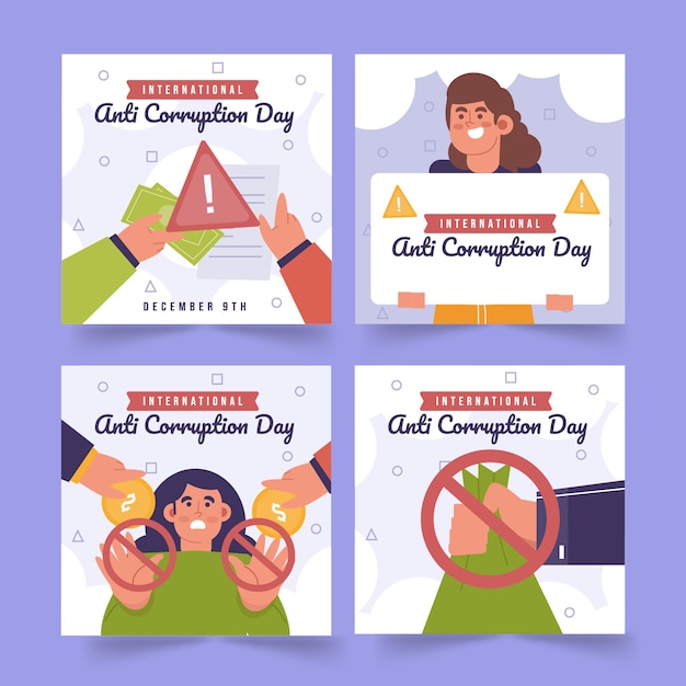 Vector gratuito colección de publicaciones de instagram del día de la lucha contra la corrupción dibujadas a mano