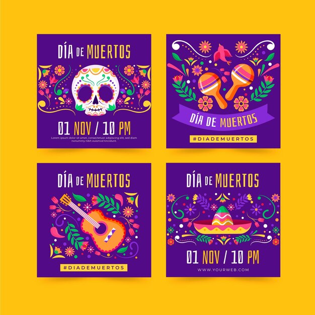 Colección de publicaciones de instagram de dia de muertos dibujados a mano