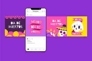 Vector gratuito colección de publicaciones de instagram de dia de muertos dibujados a mano