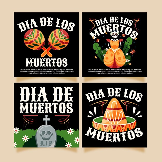 Colección de publicaciones de instagram de dia de muertos dibujados a mano