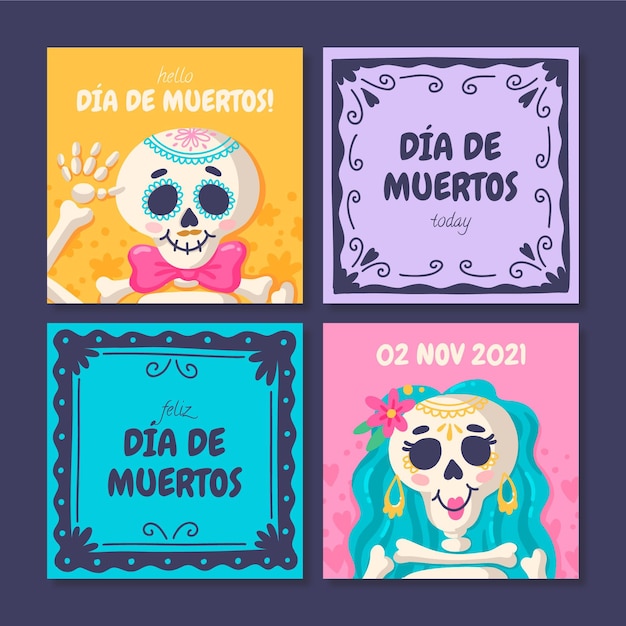 Colección de publicaciones de instagram de dia de muertos dibujados a mano