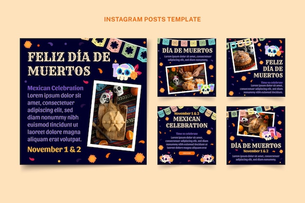 Vector gratuito colección de publicaciones de instagram de dia de muertos dibujados a mano