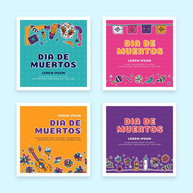 Colección de publicaciones de instagram de dia de muertos dibujados a mano