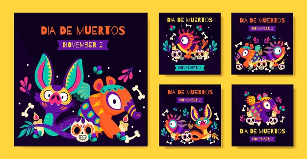 Colección de publicaciones de instagram de dia de muertos dibujados a mano