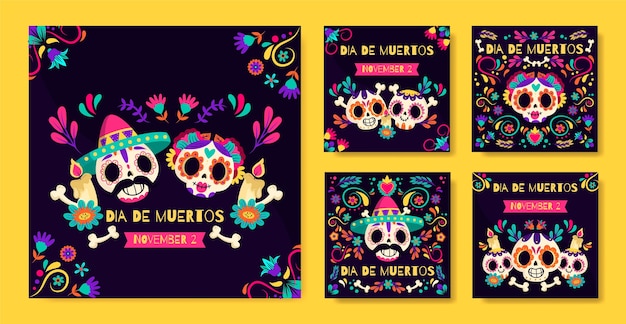 Colección de publicaciones de instagram de dia de muertos dibujados a mano