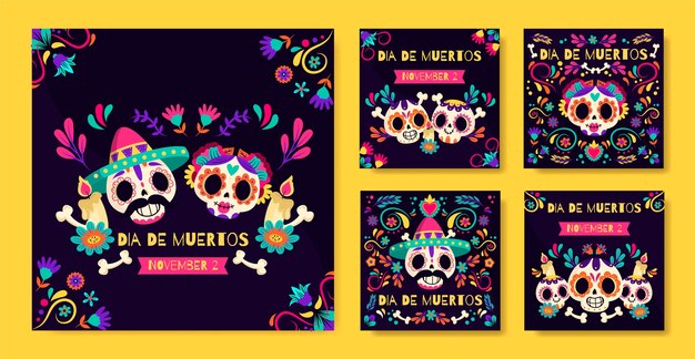 Colección de publicaciones de instagram de dia de muertos dibujados a mano