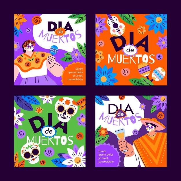Colección de publicaciones de instagram de dia de muertos dibujados a mano