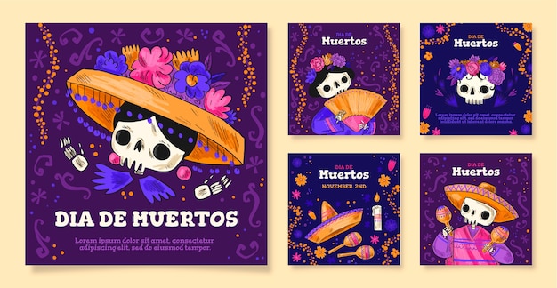 Vector gratuito colección de publicaciones de instagram de dia de muertos dibujados a mano