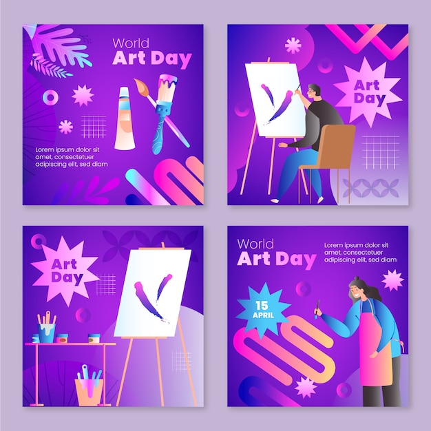 Vector gratuito colección de publicaciones de instagram del día mundial del arte degradado