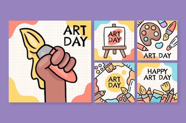 Vector gratuito colección de publicaciones de instagram del día mundial del arte dibujadas a mano