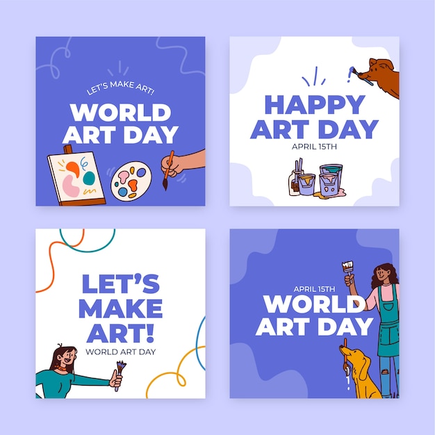 Vector gratuito colección de publicaciones de instagram del día mundial del arte dibujadas a mano