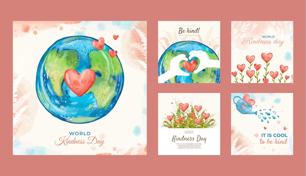 Colección de publicaciones de instagram del día mundial de la bondad en acuarela