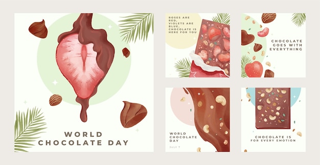 Colección de publicaciones de instagram del día mundial del chocolate en acuarela