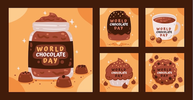 Colección de publicaciones de instagram del día mundial del chocolate dibujadas a mano