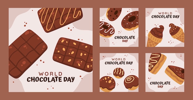 Colección de publicaciones de instagram del día mundial del chocolate dibujadas a mano
