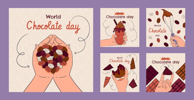 Colección de publicaciones de instagram del día mundial del chocolate dibujadas a mano