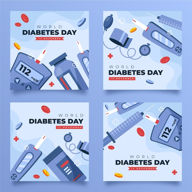 Vector gratuito colección de publicaciones de instagram del día mundial de la diabetes dibujadas a mano