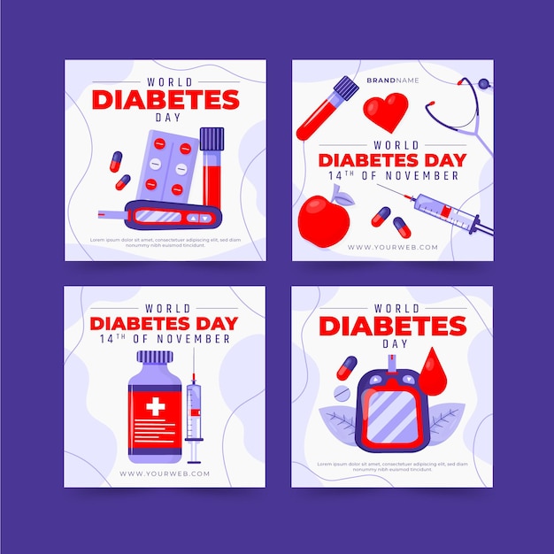 Vector gratuito colección de publicaciones de instagram del día mundial de la diabetes dibujadas a mano