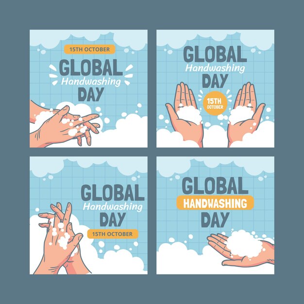 Colección de publicaciones de instagram del día mundial del lavado de manos dibujadas a mano