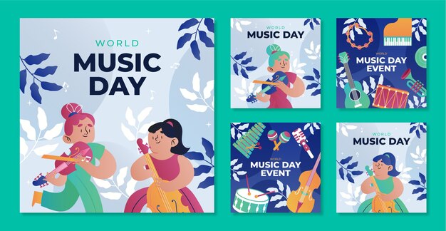 Colección de publicaciones de instagram del día mundial de la música en degradado