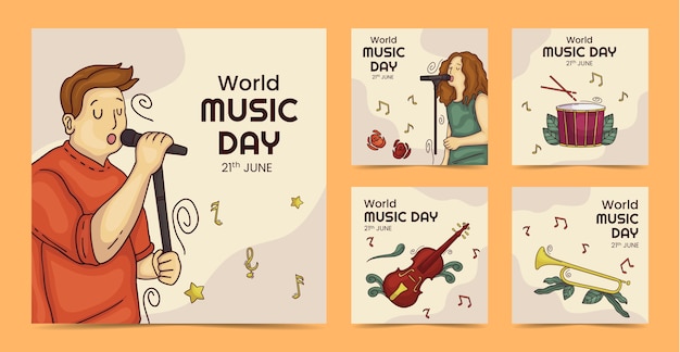 Colección de publicaciones de instagram del día mundial de la música dibujadas a mano