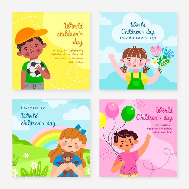 Vector gratuito colección de publicaciones de instagram del día mundial de los niños dibujados a mano