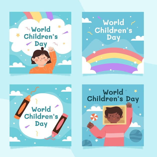 Vector gratuito colección de publicaciones de instagram del día mundial de los niños dibujados a mano