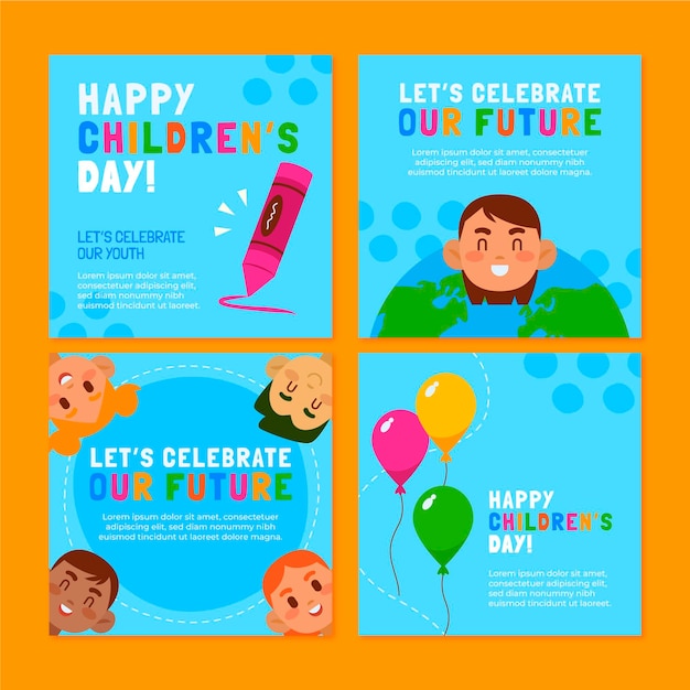 Vector gratuito colección de publicaciones de instagram del día mundial de los niños dibujados a mano