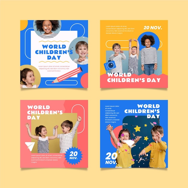 Vector gratuito colección de publicaciones de instagram del día mundial de los niños dibujados a mano