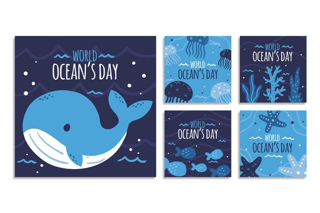 Colección de publicaciones de instagram del día mundial de los océanos dibujados a mano