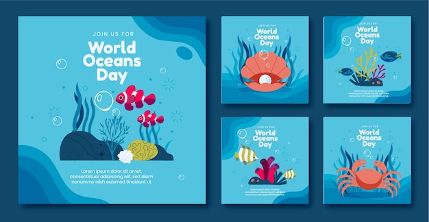 Colección de publicaciones de instagram del día mundial de los océanos dibujados a mano