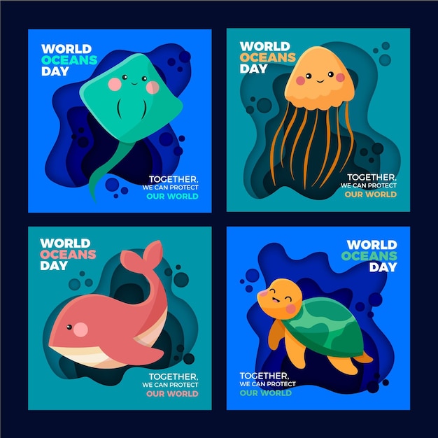 Vector gratuito colección de publicaciones de instagram del día mundial de los océanos