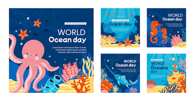 Vector gratuito colección de publicaciones de instagram del día mundial de los océanos