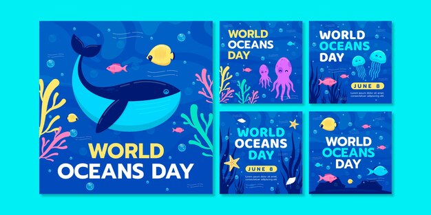 Vector gratuito colección de publicaciones de instagram del día mundial de los océanos