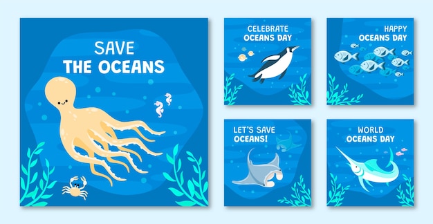 Vector gratuito colección de publicaciones de instagram del día mundial de los océanos