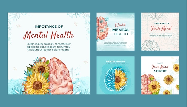 Colección de publicaciones de instagram del día mundial de la salud mental en acuarela