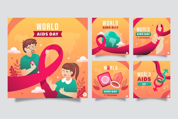Vector gratuito colección de publicaciones de instagram del día mundial del sida en degradado