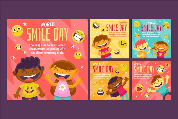 Colección de publicaciones de instagram del día mundial de la sonrisa dibujada a mano