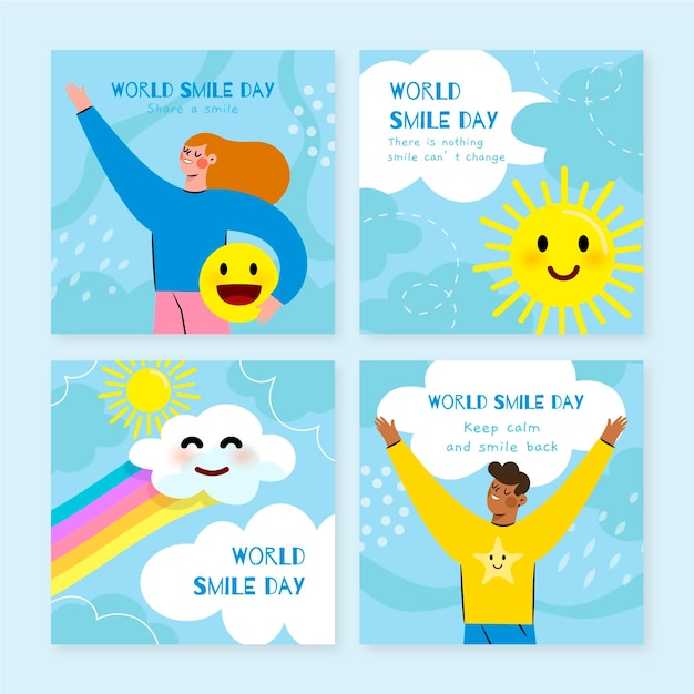 Vector gratuito colección de publicaciones de instagram del día mundial de la sonrisa dibujada a mano