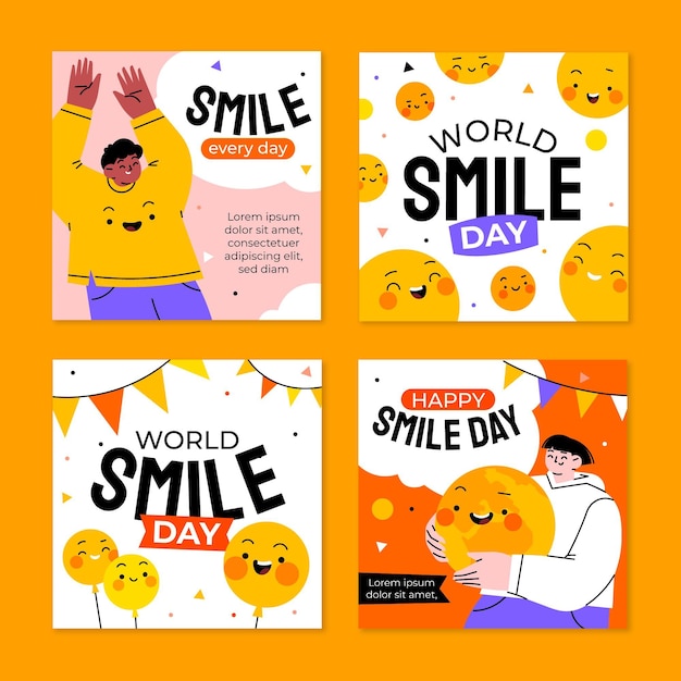 Vector gratuito colección de publicaciones de instagram del día mundial de la sonrisa dibujada a mano