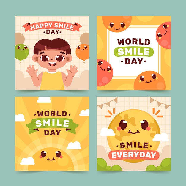 Vector gratuito colección de publicaciones de instagram del día mundial de la sonrisa plana