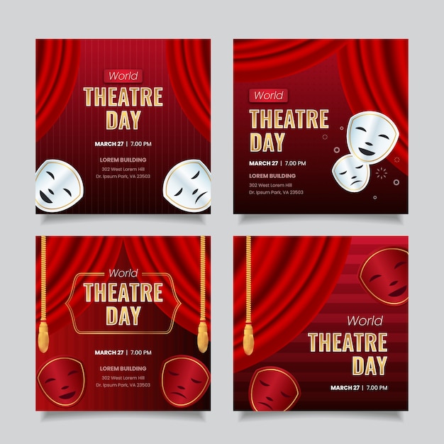 Vector gratuito colección de publicaciones de instagram del día mundial del teatro degradado