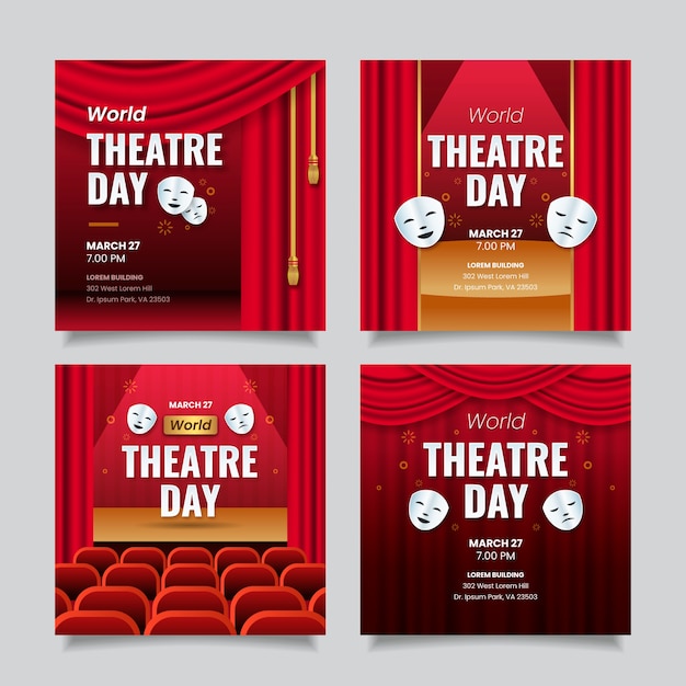 Vector gratuito colección de publicaciones de instagram del día mundial del teatro degradado