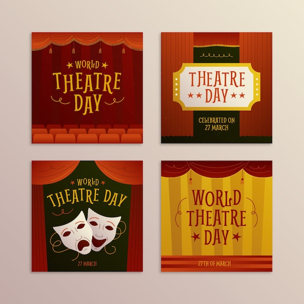 Vector gratuito colección de publicaciones de instagram del día mundial del teatro degradado