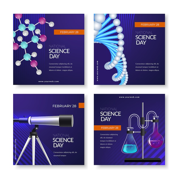 Colección de publicaciones de instagram del día nacional de la ciencia degradado