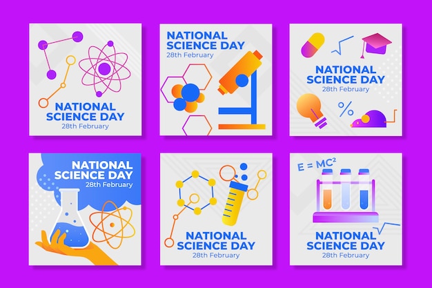 Vector gratuito colección de publicaciones de instagram del día nacional de la ciencia degradado