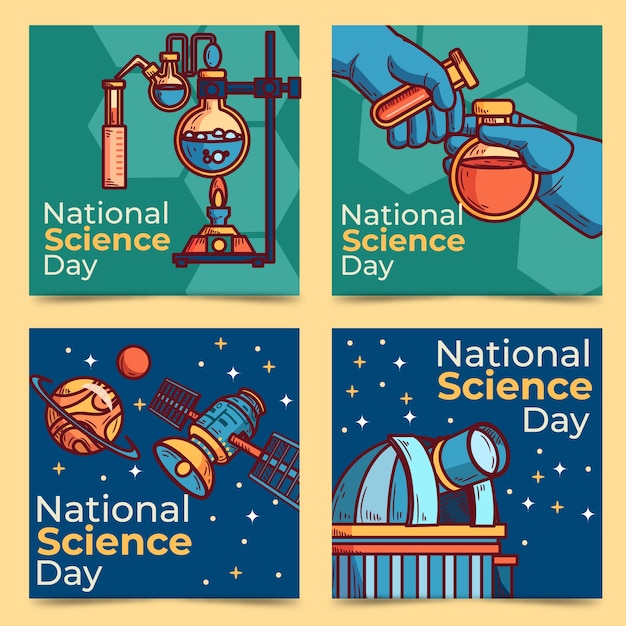 Vector gratuito colección de publicaciones de instagram del día nacional de la ciencia dibujadas a mano