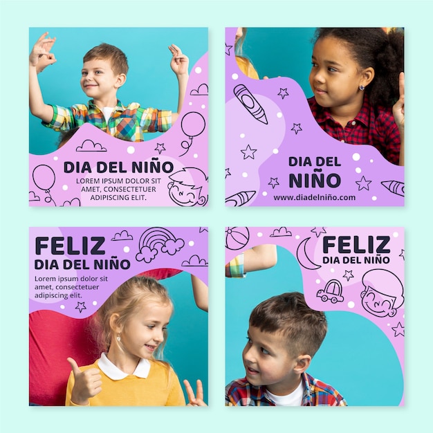 Vector gratuito colección de publicaciones de instagram del día del niño dibujadas a mano en español