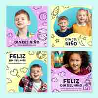 Vector gratuito colección de publicaciones de instagram del día del niño dibujadas a mano en español