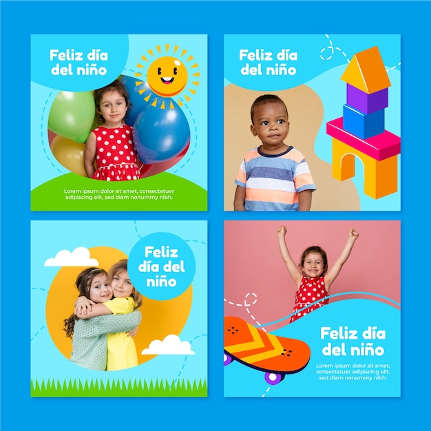Vector gratuito colección de publicaciones de instagram del día del niño plano en español